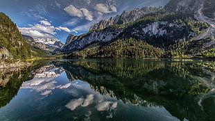 mountain beside body of water, lake, pine trees, water