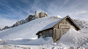 beige shed, nature, snow, cabin
