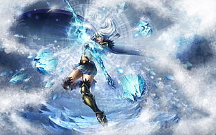 woman holding bow with ice arrow digital wallpaper