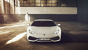 white Lamborghini on warehouse HD wallpaper