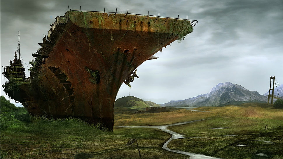 brown ship on land within mountain range during daytime HD wallpaper