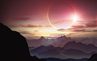 gray mountains, eclipse , solar eclipse, artwork, fantasy art