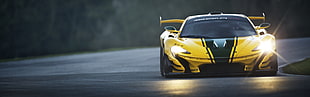yellow super car, McLaren P1 GTR, race tracks, car, dual monitors HD wallpaper