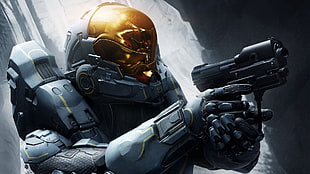photo of person holding black pistol digital wallpaer, Halo 5, video games, futuristic, Halo
