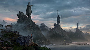 three gray statues digital art, fantasy art, coast, monks HD wallpaper