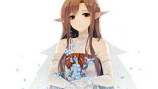 female anime character holding blue petaled flower