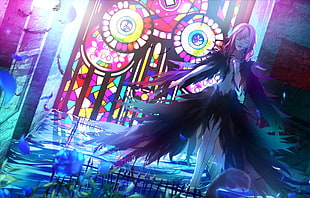 pink-haired female anime character illustration, manga, Guilty Crown, stained glass, black