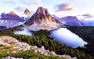 mountain range with lake surrounded by pine trees, landscape, nature, mountains, lake