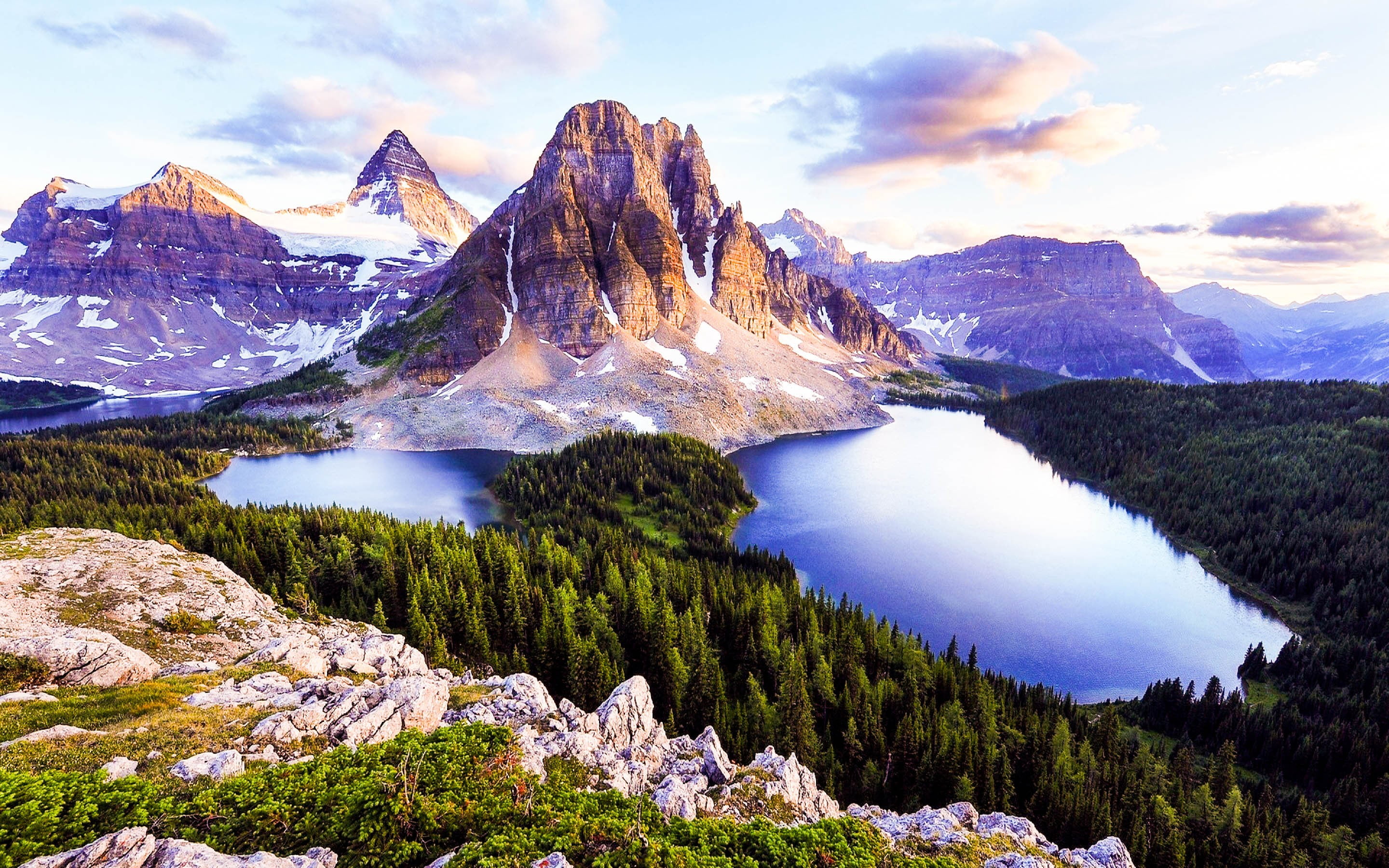 mountain range with lake surrounded by pine trees, landscape, nature, mountains, lake