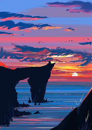 mountain cliff under golden hour, sunset, illustration