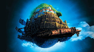air ship with village illustration, Studio Ghibli, Castle in the Sky, anime