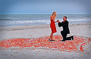 man proposing to woman on seashore during daytime