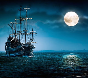 brown galleon boat on the water, nature, sailing ship