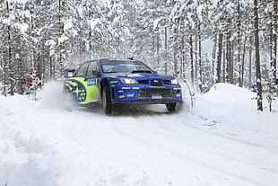 blue sedan, Subaru, rally cars, snow, forest