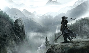 woman with sword facing cliff wallpaper