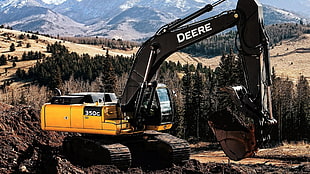 yellow and black John Deere excavator, construction vehicles HD wallpaper