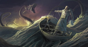 man and boy riding on boat illustration, painting, Vikings, mythology, Thor