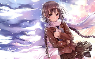 brown haired woman in brown anime coat illustration