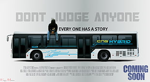 white and black bus with text overlay, quote