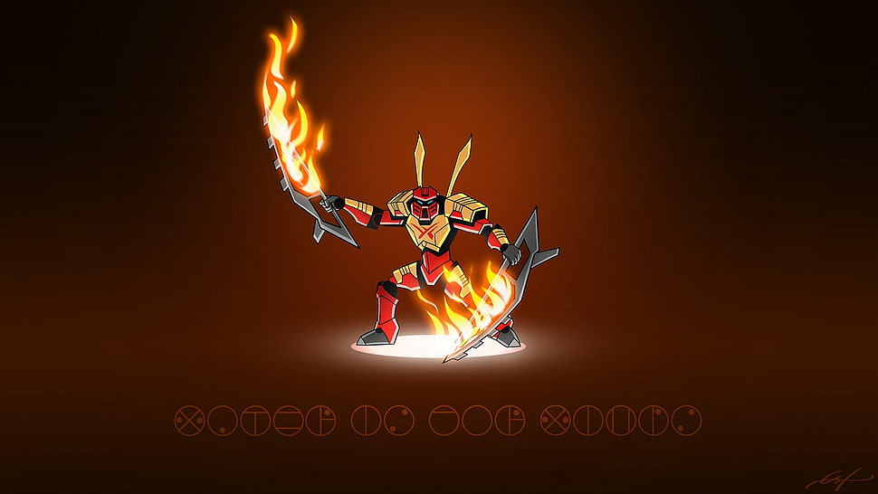 yellow and red robot with blazing fire swords poster, fire, comics, Bionicle  HD wallpaper