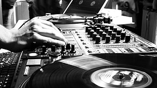 grayscale photo of DJ terminal mixer