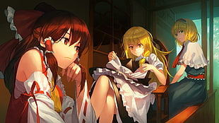 three female anime character wearing assorted-color dresses