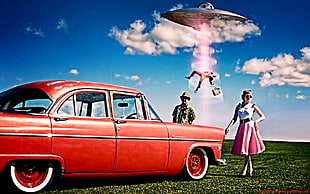 classic red sedan, car, UFOs, red cars, clouds HD wallpaper