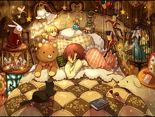 child sleeping in bed beside bear plush toy illustration HD wallpaper