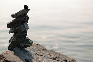 closeup photography of stone near body of water