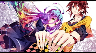 purple haired female and brown haired male anime characters digital wallpaper