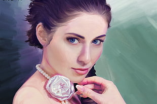 portrait painting of woman holding chin posing toward camera HD wallpaper
