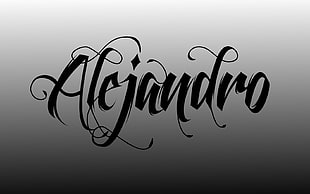 white background with black Alejandro text overlay, typography, Lady Gaga, monochrome, calligraphy