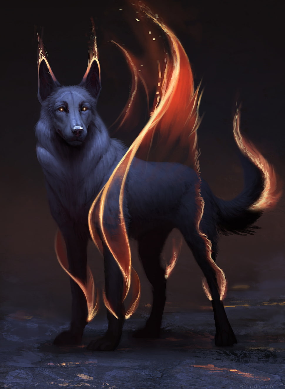 Gray wolf with fire 3D wallpaper