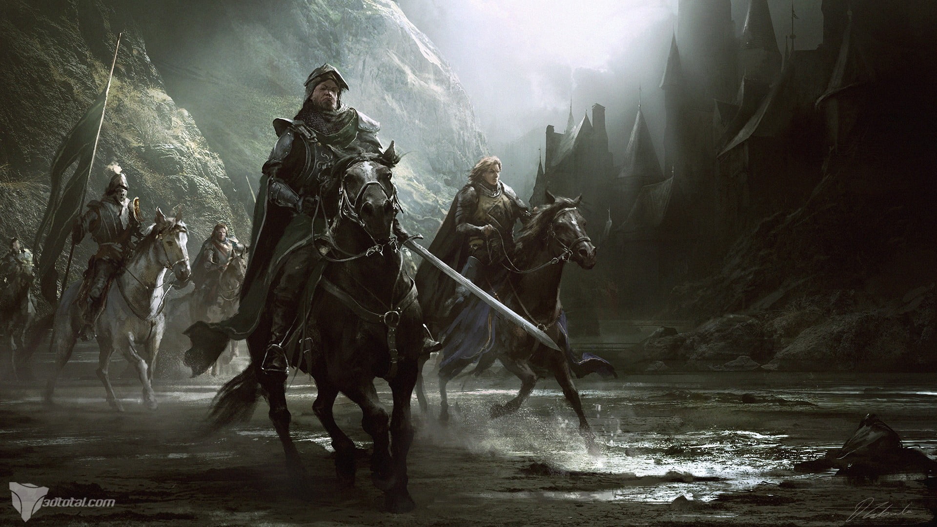 Knight riding on black horse wallpaper, artwork, fantasy art, horse