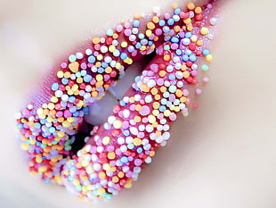 pink and multicolored lipstick, lips, candies, creativity