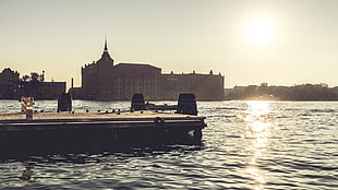 brown boat, coast, sunset HD wallpaper