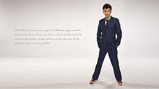 men's blue suit jacket and pants with text overlay, The Doctor, TARDIS, David Tennant, Tenth Doctor