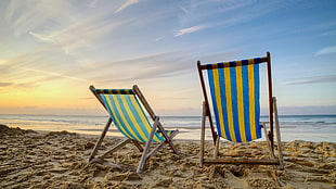 two brown wooden folding chairs beside beach, nice HD wallpaper