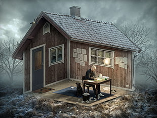 man sitting inside house illustration