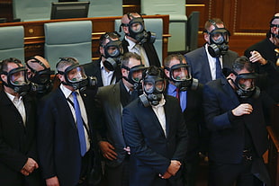 black gas mask, Kosovo, gas masks, suits, politics