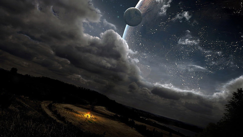 planet and cloud illustration HD wallpaper