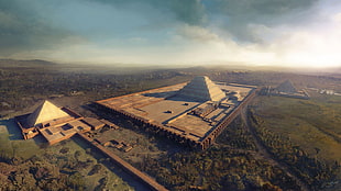 aerial photography of Pyramid building, pyramid, aerial view, fantasy art