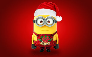 Minion character wearing red Christmas costume