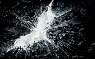 grayscale photography of high-rise building artwork, Batman logo, Batman