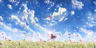 anime, flowers, clouds