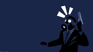 man in coat illustration, gas masks, blue, minimalism, gun