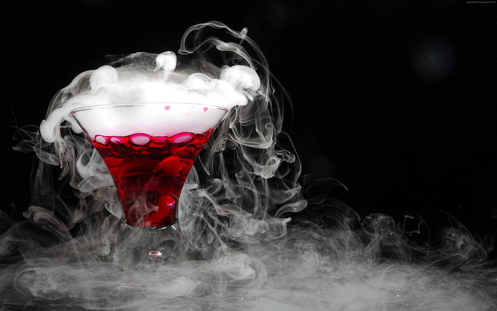 time lapse photography of clear glass with red liquid and dry ice HD wallpaper
