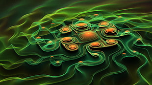 green and orange digital wallpaper, abstract, fractal