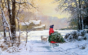 dog facing the house painting, artwork, snow, winter, painting