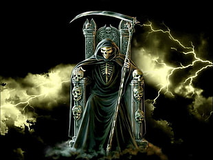 skeleton wearing robe and holding scythe illustration, Halloween, Grim Reaper, skull, death